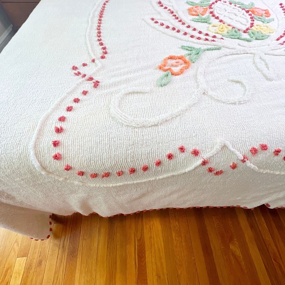 Vintage Chenille Bedspread Blanket Full Queen King Off White 92 x 100 Flowers - Picture 5 of 16